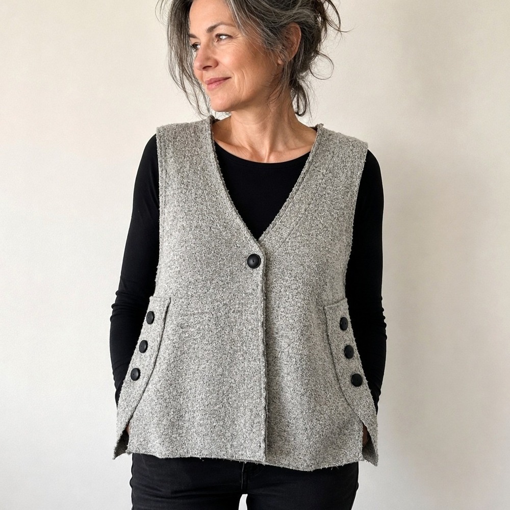 Trisha Tyler Gray Button Side Sweater‎ Vest Asymmetrical Large Artsy Lagenlook